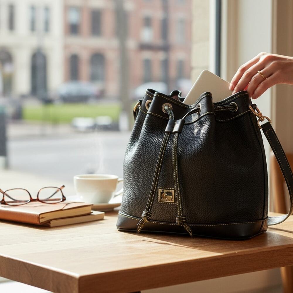 DOONEY & BOURKE Pebble Grain Drawstring All Weather Leather Black/Black J5725298 - Picture 2 of 14